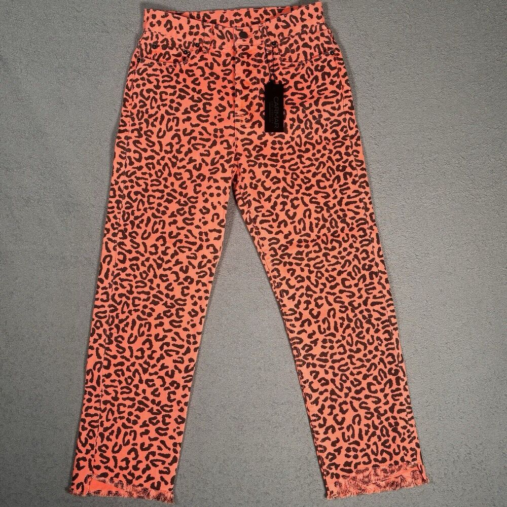 NWT Carmar Women's‎ Size 26 Jeans Neon Orange Leopard Pants Emelia Mid Rise